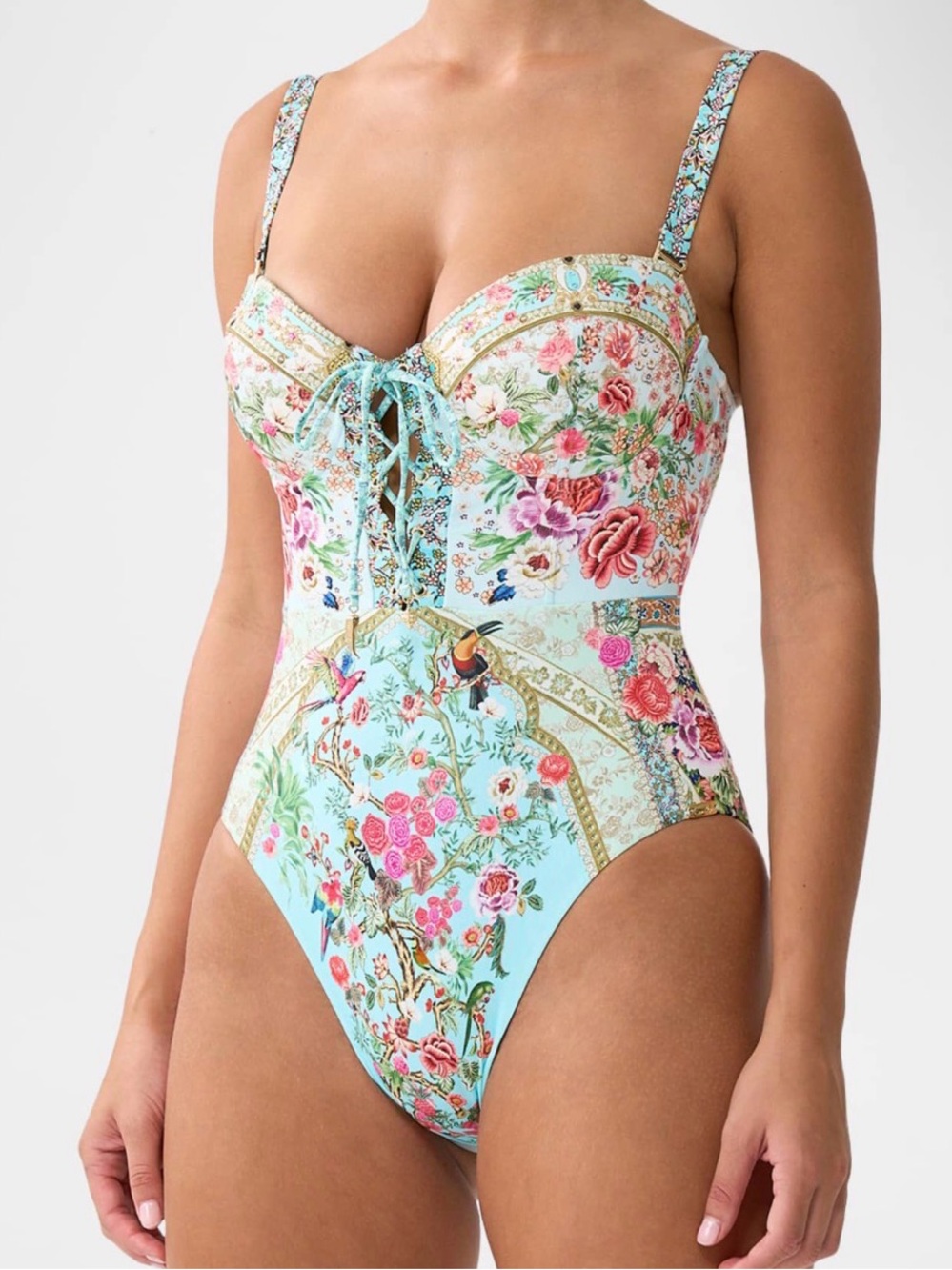 Camilla Lace-Up Floral One-Piece Swimsuit in Mint and Pink